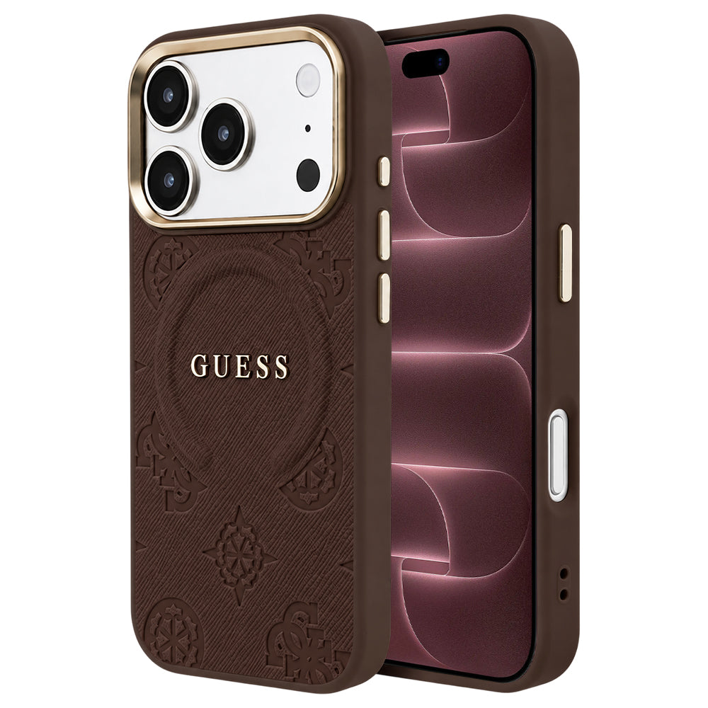 Etui MagSafe do Apple iPhone 18 Pro Max / 17 Pro Max, Guess, Saffiano Peony Ring, brązowy