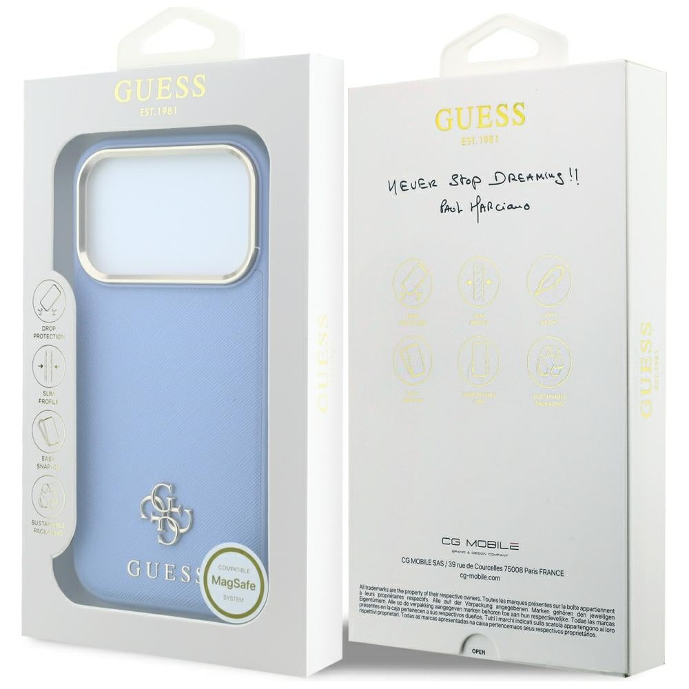 Etui MagSafe do Apple iPhone 18 Pro Max / 17 Pro Max, Guess, Saffiano Small 4G Classic, Bleu