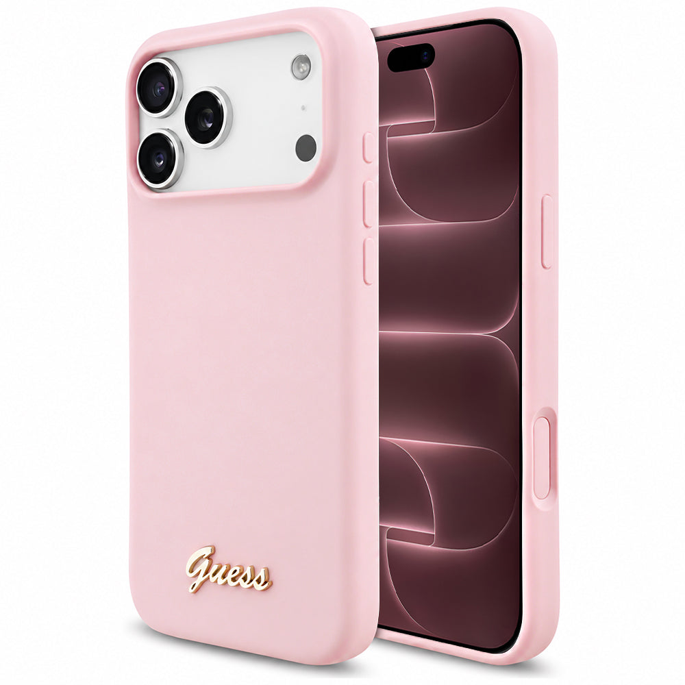 Etui MagSafe do Apple iPhone 18 Pro Max / 17 Pro Max, Guess, Logo Metalowe Script, Różowe
