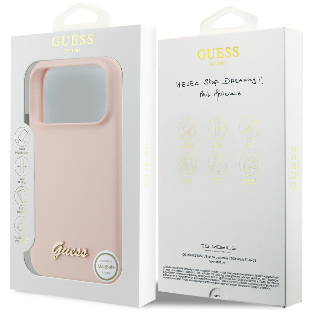 Etui MagSafe do Apple iPhone 18 Pro Max / 17 Pro Max, Guess, Logo Metalowe Script, Różowe