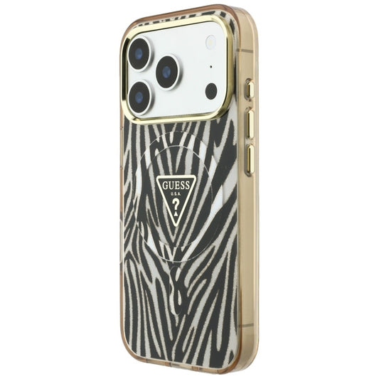 Etui MagSafe do Apple iPhone 18 Pro Max / 17 Pro Max, Guess, Zebra Glitter Triangle Logo, Złote