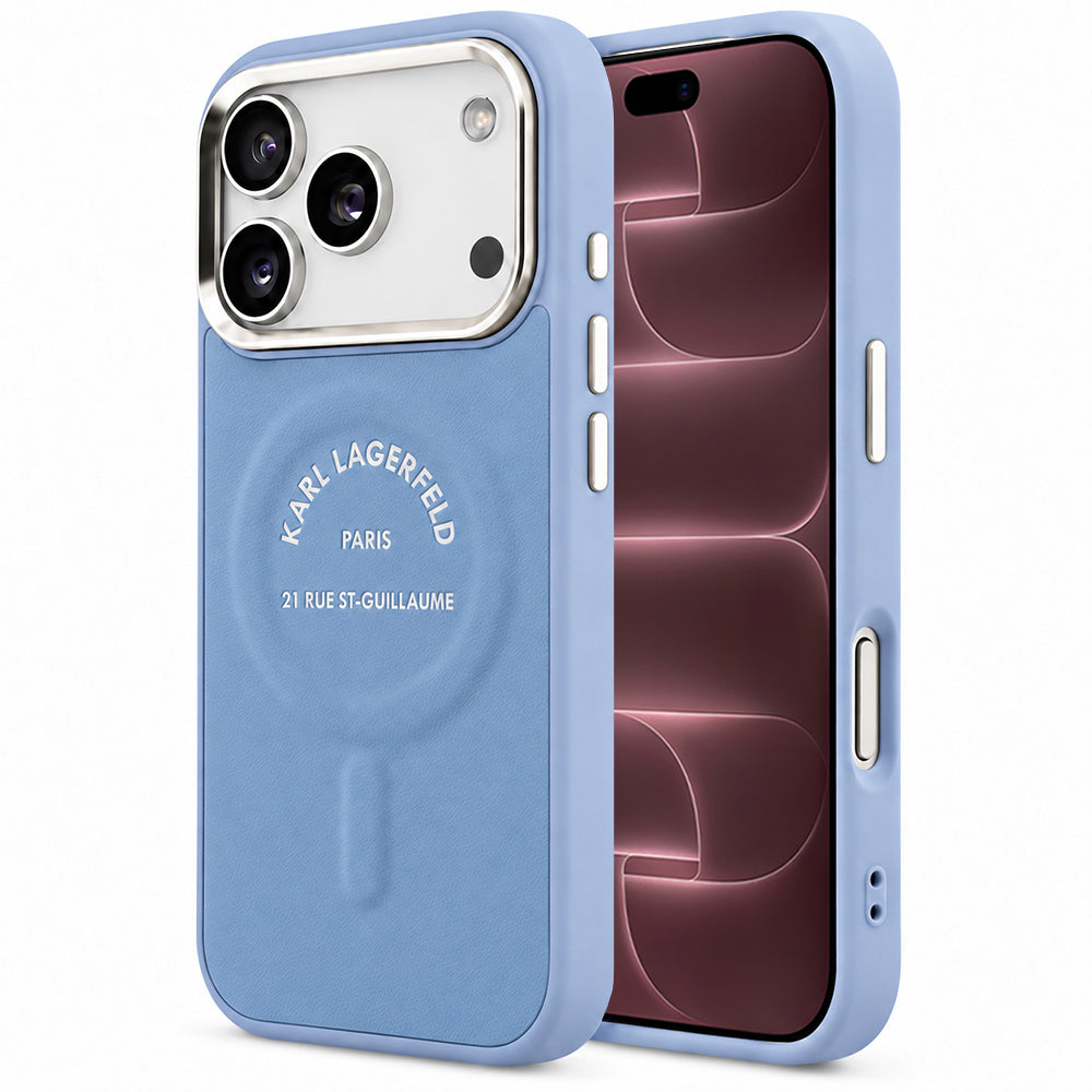 Etui MagSafe do Apple iPhone 18 Pro Max / 17 Pro Max, Karl Lagerfeld, Embossed Open Ring RSG Logo, niebieskie