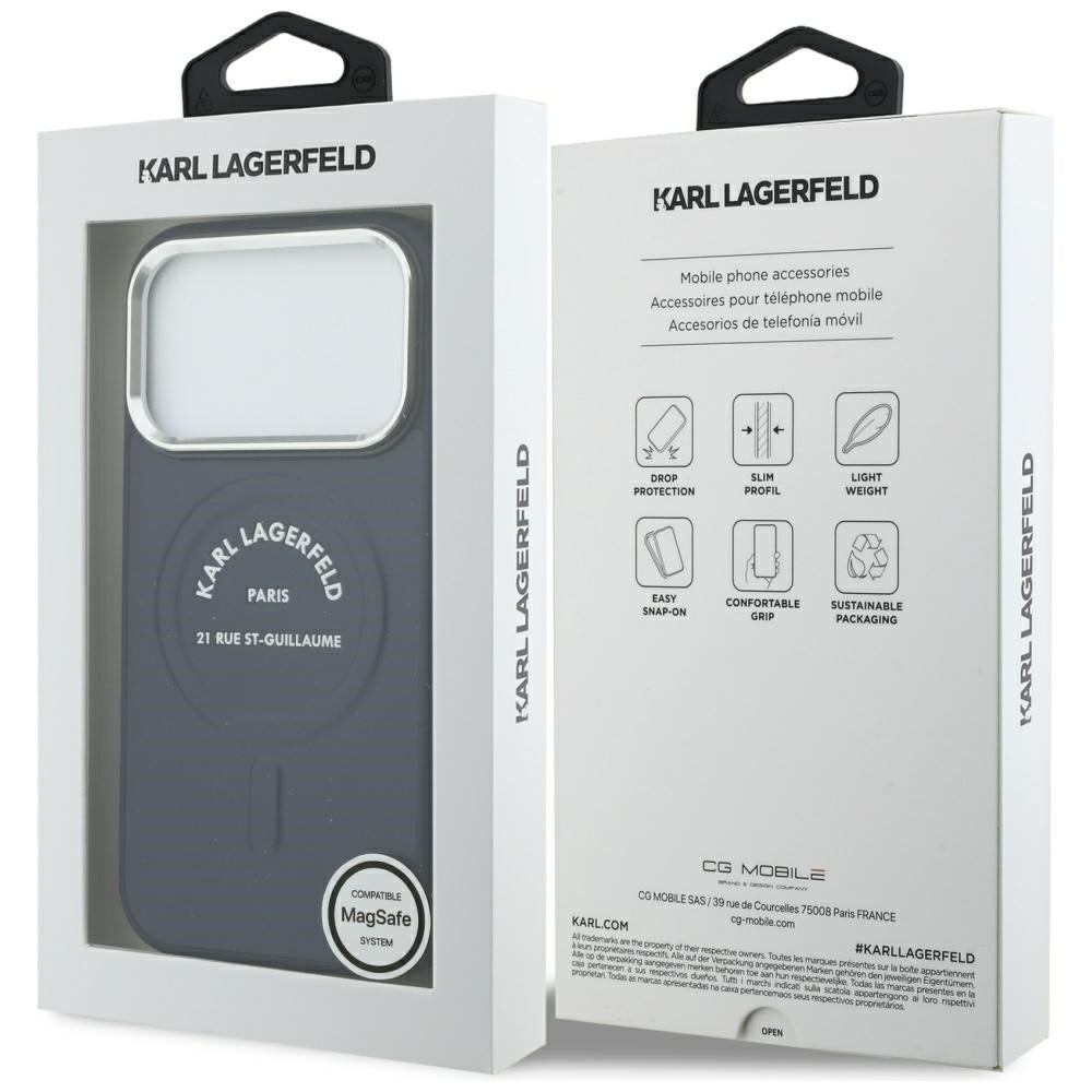Etui MagSafe do Apple iPhone 18 Pro Max / 17 Pro Max, Karl Lagerfeld, Embossed Open Ring RSG Logo, niebieskie