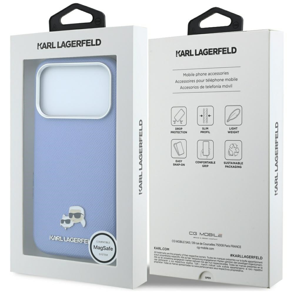MagSafe Case for Apple iPhone 18 Pro Max / 17 Pro Max, Karl Lagerfeld, Grained Karl & Choupette Head's Metal, Blue