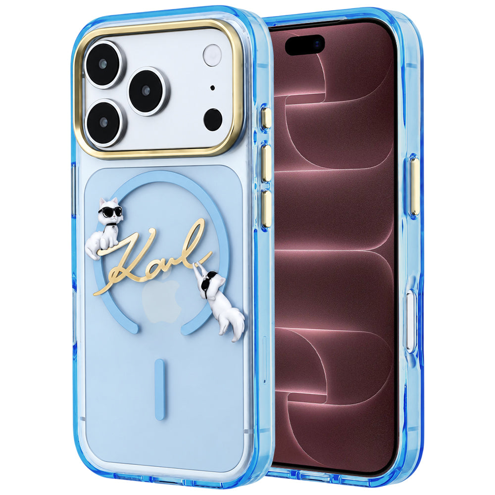Etui MagSafe do Apple iPhone 18 Pro Max / 17 Pro Max, Karl Lagerfeld, IML Choupette Karl Script Logo, niebieskie