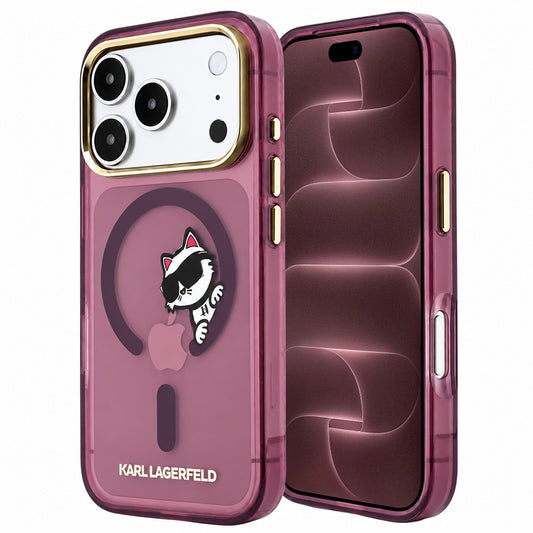 Etui MagSafe do Apple iPhone 18 Pro Max / 17 Pro Max, Karl Lagerfeld, IML Peekaboo Print i metalowa ramka, wiśniowy