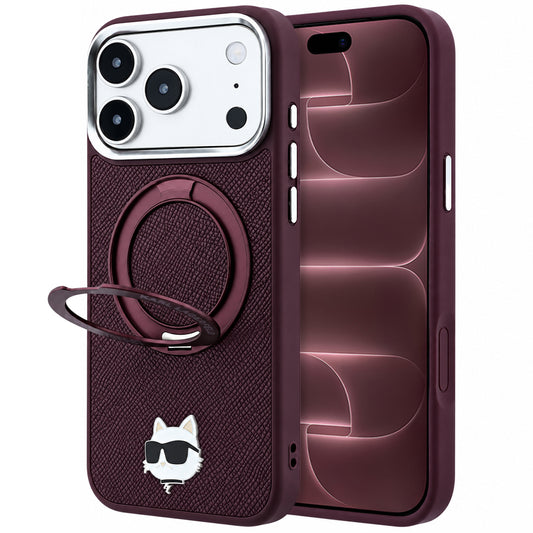Etui MagSafe do Apple iPhone 18 Pro Max / 17 Pro Max, Karl Lagerfeld, Saffiano Ring Stand 360 Choupette Pin, Wiśniowy