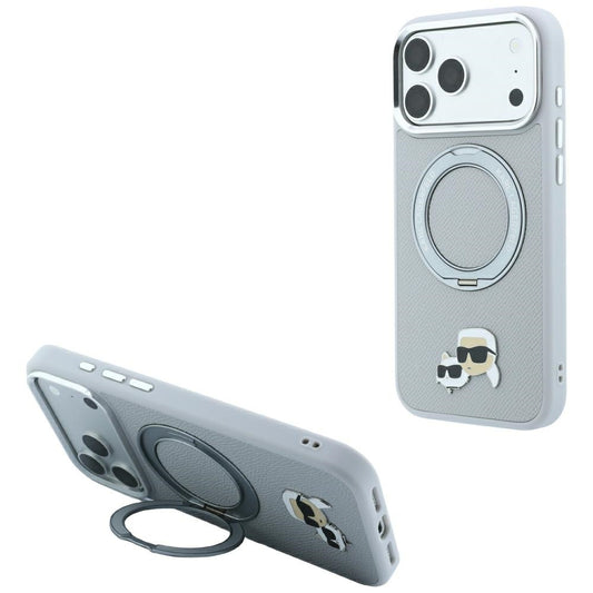 Etui MagSafe do Apple iPhone 18 Pro Max / 17 Pro Max, Karl Lagerfeld, Ring Stand 360 Karl & Choupette Pin, szary