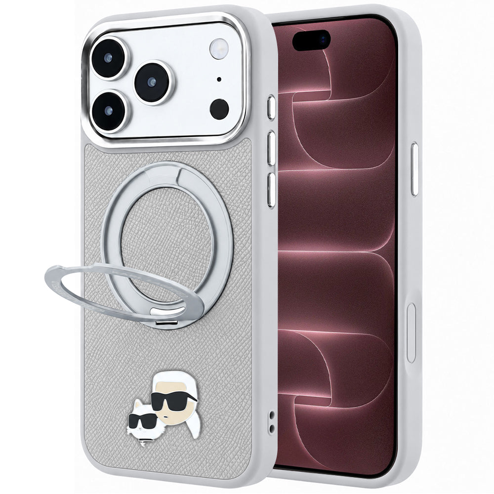 MagSafe Case for Apple iPhone 18 Pro Max / 17 Pro Max, Karl Lagerfeld, Ring Stand 360 Karl & Choupette Pin, Gray