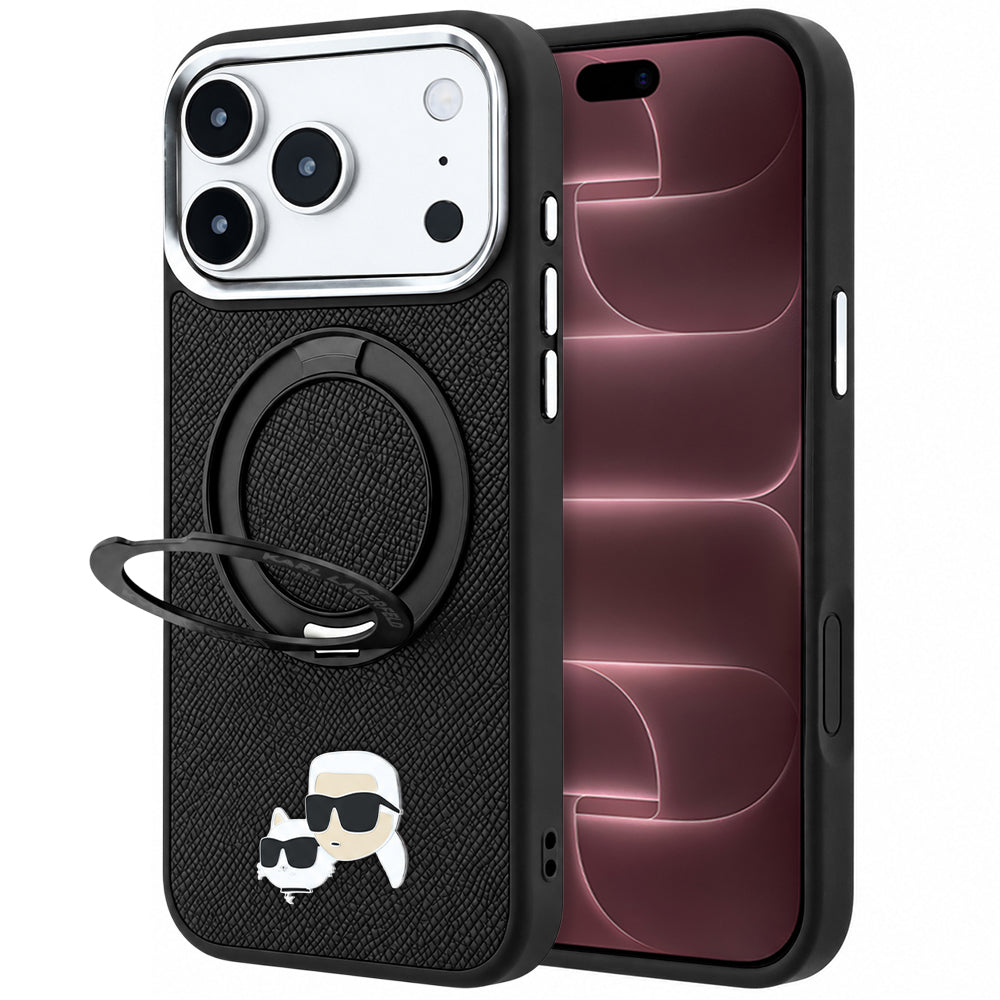 Etui MagSafe do Apple iPhone 18 Pro Max / 17 Pro Max, Karl Lagerfeld, Ring Stand 360 Karl & Choupette Pin, Czarny