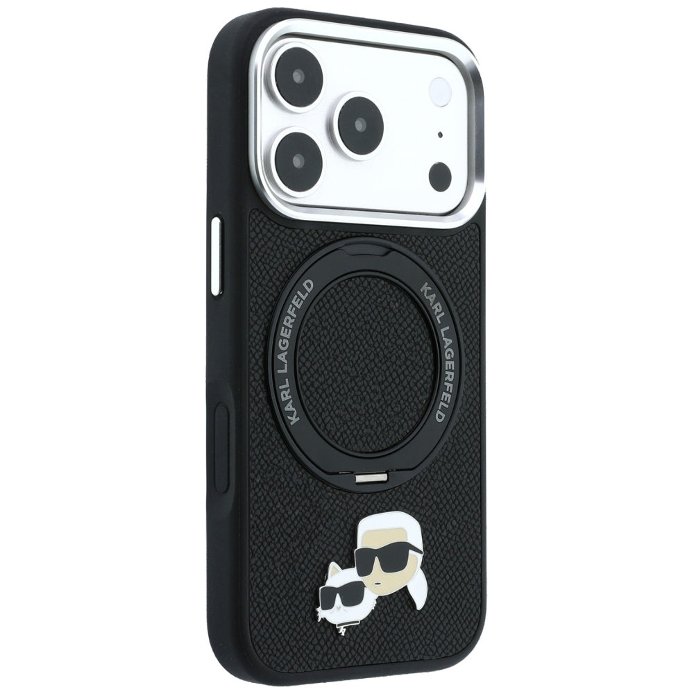 Etui MagSafe do Apple iPhone 18 Pro Max / 17 Pro Max, Karl Lagerfeld, Ring Stand 360 Karl & Choupette Pin, Czarny