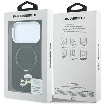 Etui MagSafe do Apple iPhone 18 Pro Max / 17 Pro Max, Karl Lagerfeld, Ring Stand 360 Karl & Choupette Pin, Czarny