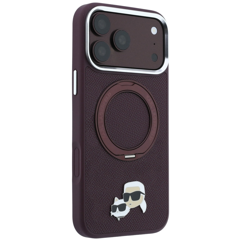 Etui MagSafe do Apple iPhone 18 Pro Max / 17 Pro Max, Karl Lagerfeld, Ring Stand 360 Karl & Choupette Pin, bordowe