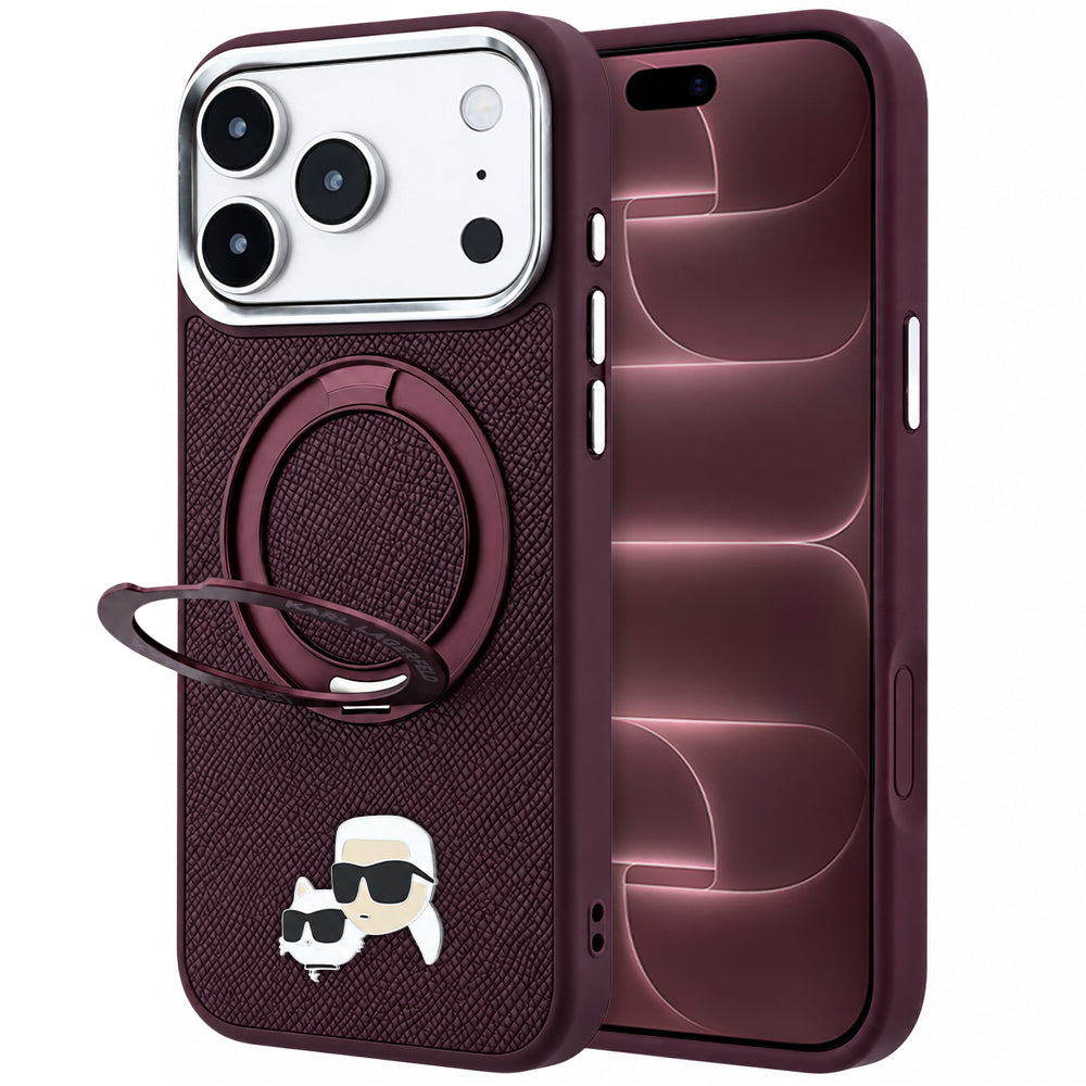 Etui MagSafe do Apple iPhone 18 Pro Max / 17 Pro Max, Karl Lagerfeld, Ring Stand 360 Karl & Choupette Pin, bordowe