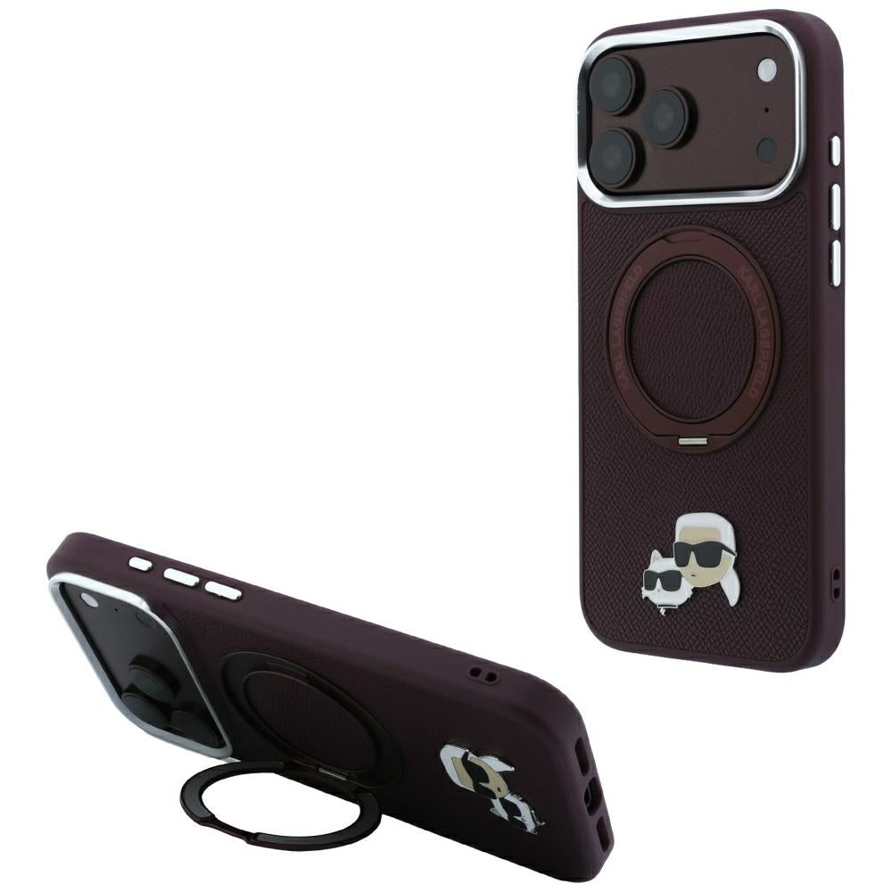 Etui MagSafe do Apple iPhone 18 Pro Max / 17 Pro Max, Karl Lagerfeld, Ring Stand 360 Karl & Choupette Pin, bordowe