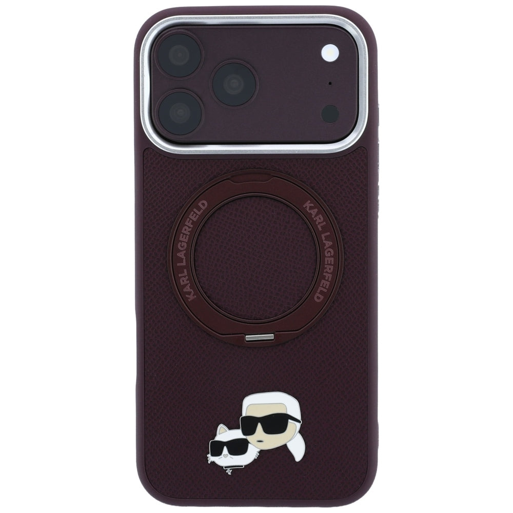 Etui MagSafe do Apple iPhone 18 Pro Max / 17 Pro Max, Karl Lagerfeld, Ring Stand 360 Karl & Choupette Pin, bordowe