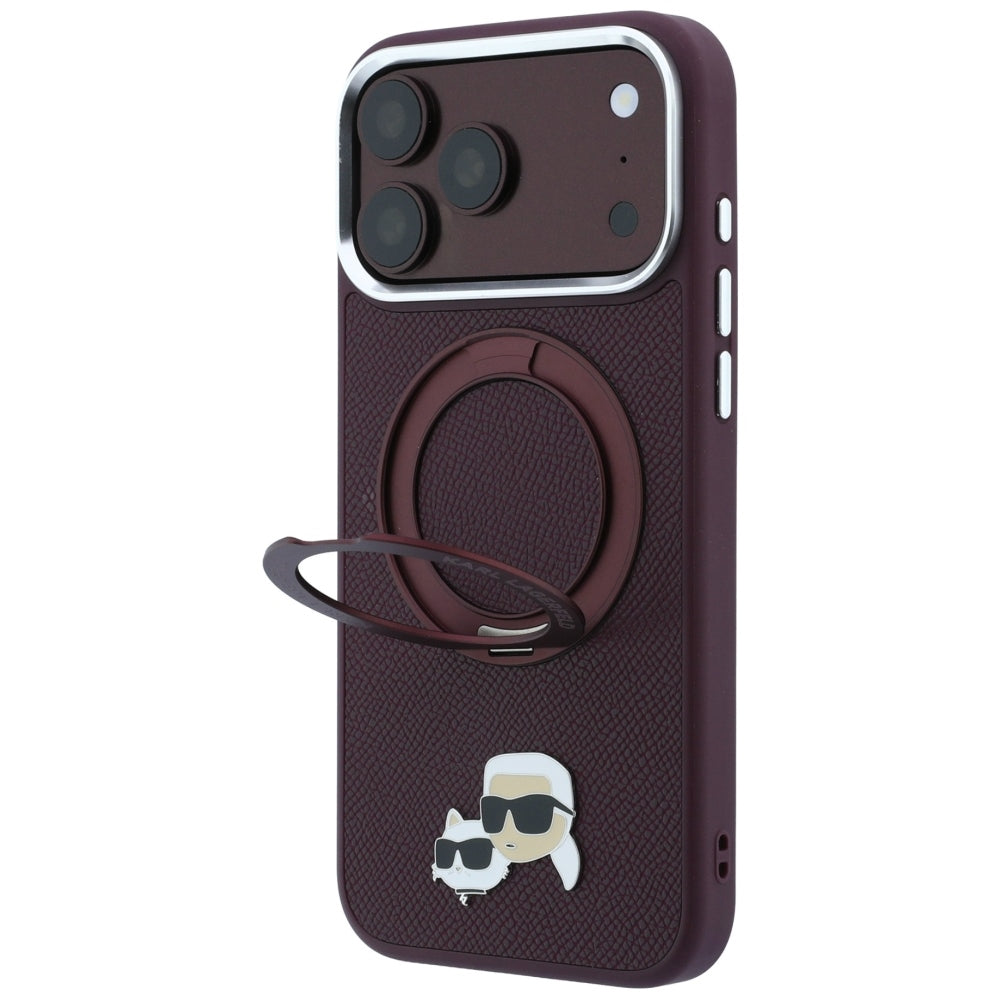 Etui MagSafe do Apple iPhone 18 Pro Max / 17 Pro Max, Karl Lagerfeld, Ring Stand 360 Karl & Choupette Pin, bordowe