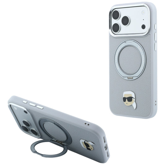 Etui MagSafe do Apple iPhone 18 Pro Max / 17 Pro Max, Karl Lagerfeld, Ring Stand 360 Karl Pin, szary