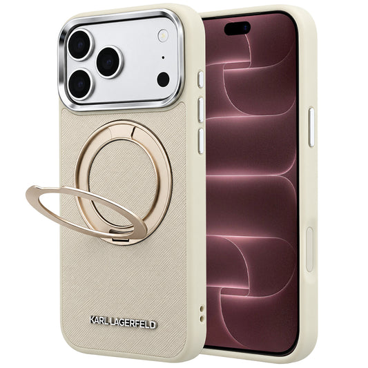 Etui MagSafe do Apple iPhone 18 Pro Max / 17 Pro Max, Karl Lagerfeld, Ring Stand 360 Saffiano, beżowy