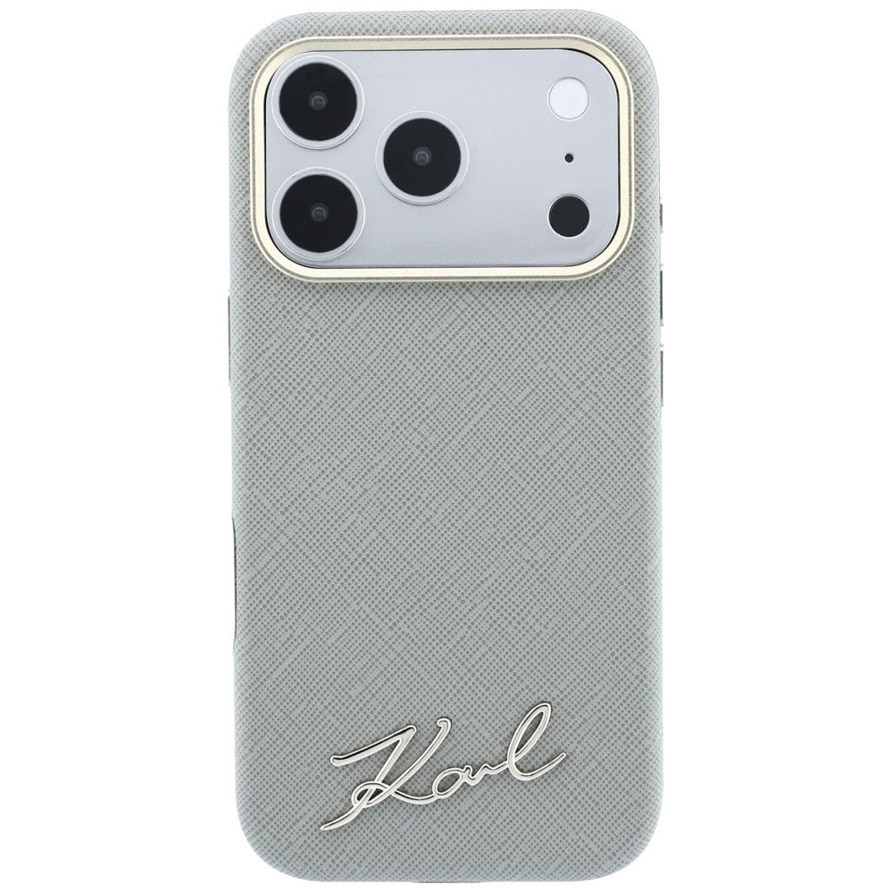 Etui MagSafe do Apple iPhone 18 Pro Max / 17 Pro Max, Karl Lagerfeld, Saffiano Small Script Metal Logo, Beż