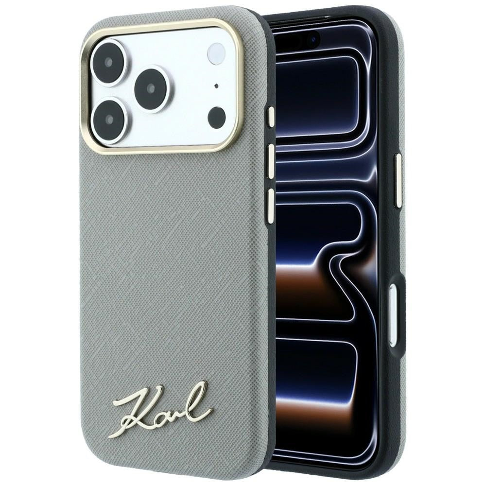 Etui MagSafe do Apple iPhone 18 Pro Max / 17 Pro Max, Karl Lagerfeld, Saffiano Small Script Metal Logo, Beż