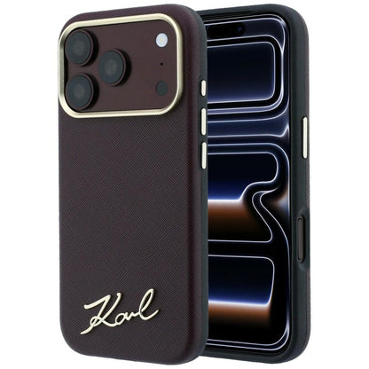 Etui MagSafe do Apple iPhone 18 Pro Max / 17 Pro Max, Karl Lagerfeld, Saffiano Small Script Metal Logo, Wiśniowe