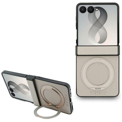 MagSafe Case for Samsung Galaxy Z Flip8 F776, Guess, Ring Stand Grained Classic Logo, Beige