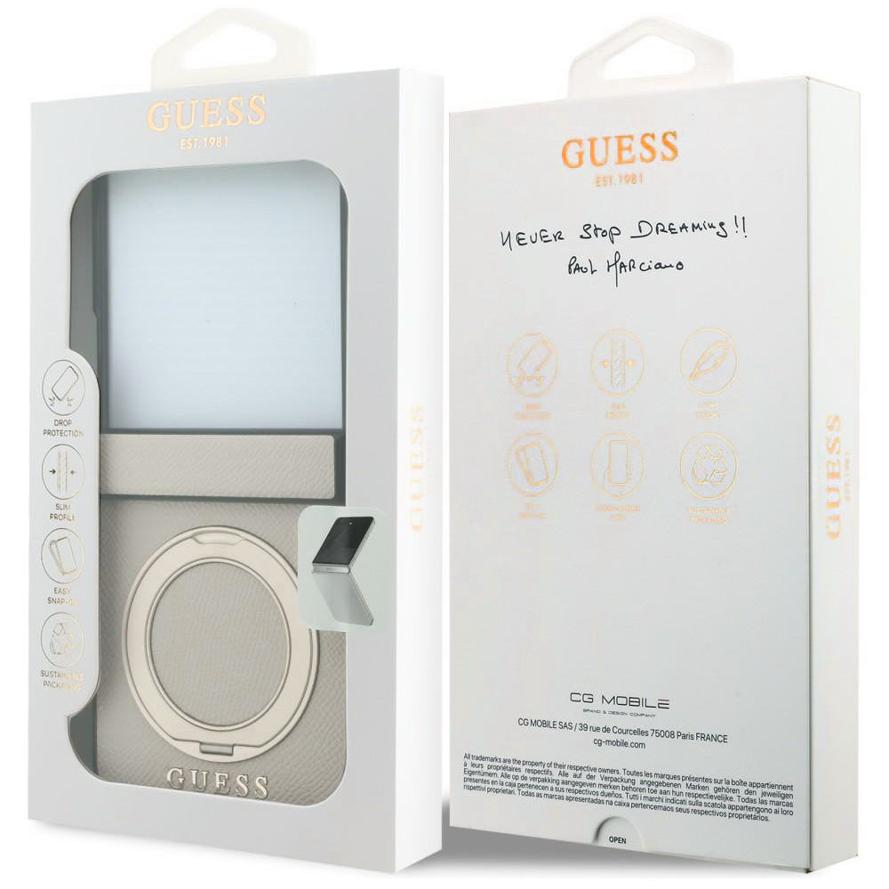 MagSafe Case for Samsung Galaxy Z Flip8 F776, Guess, Ring Stand Grained Classic Logo, Beige
