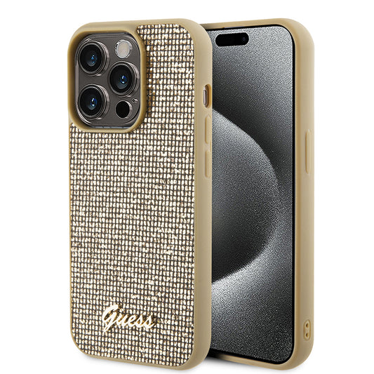 Etui na Apple iPhone 15 Pro, Guess, PU Square Mirror Script Logo, Złote GUHCP15LPMSDGSD