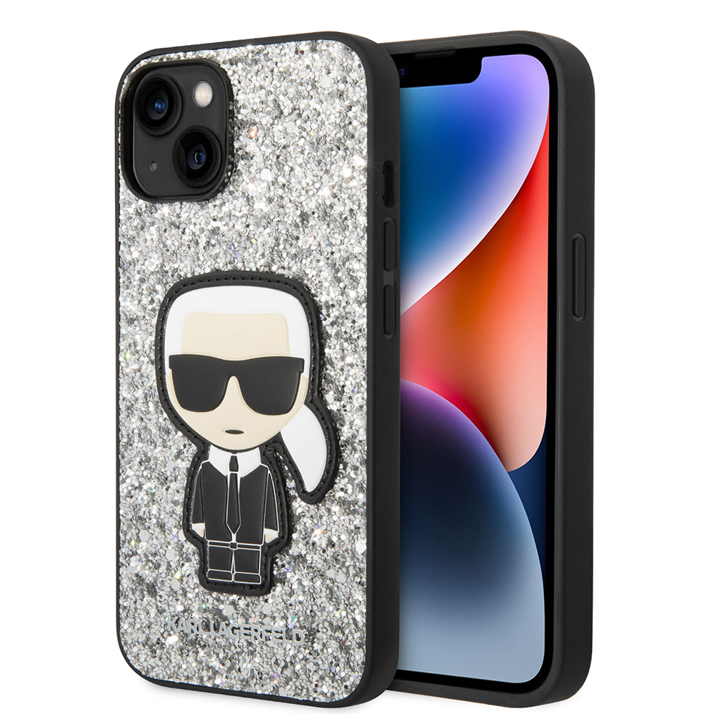 Etui na Apple iPhone 14, Karl Lagerfeld, Glitter Flakes Ikonik Karl, Srebrne.