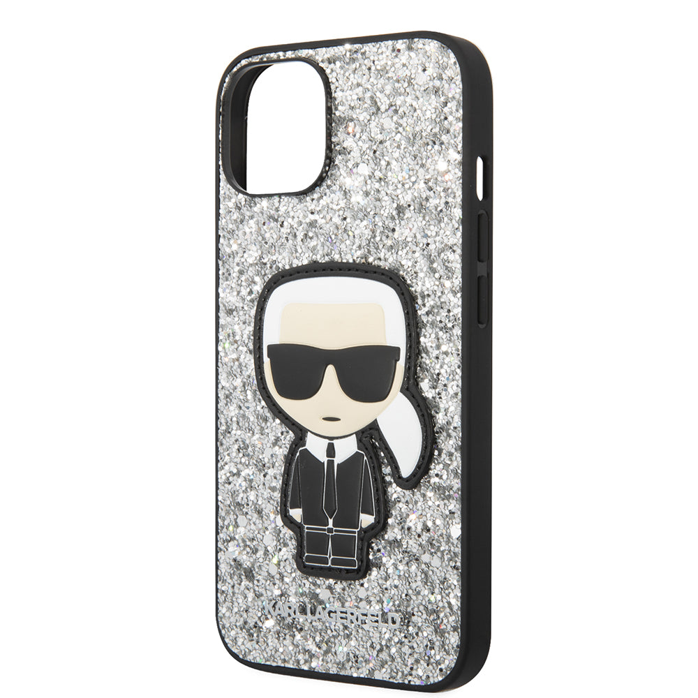 Etui na Apple iPhone 14, Karl Lagerfeld, Glitter Flakes Ikonik Karl, Srebrne.