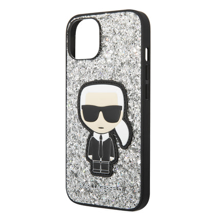 Etui na Apple iPhone 14, Karl Lagerfeld, Glitter Flakes Ikonik Karl, Srebrne.