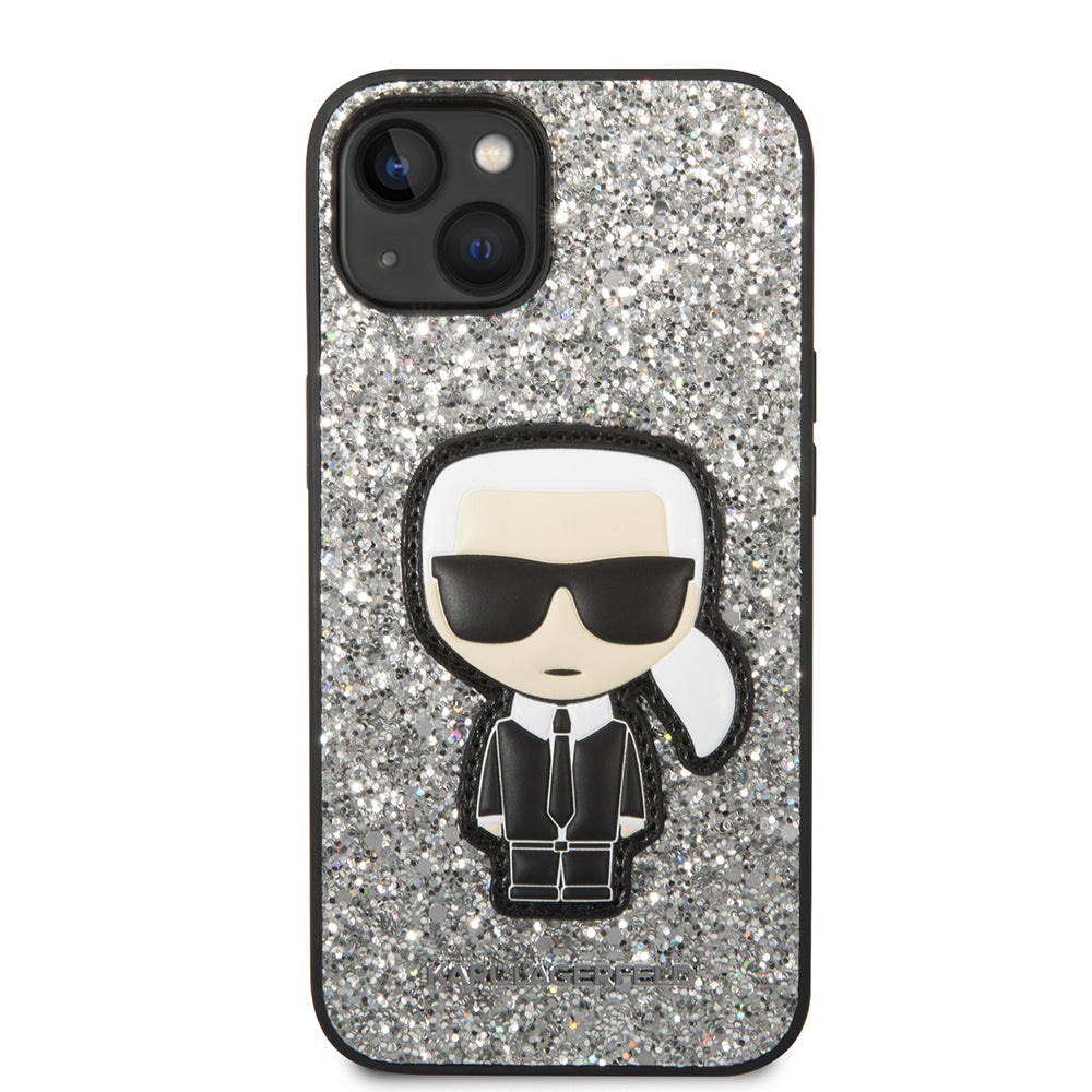 Etui na Apple iPhone 14, Karl Lagerfeld, Glitter Flakes Ikonik Karl, Srebrne.