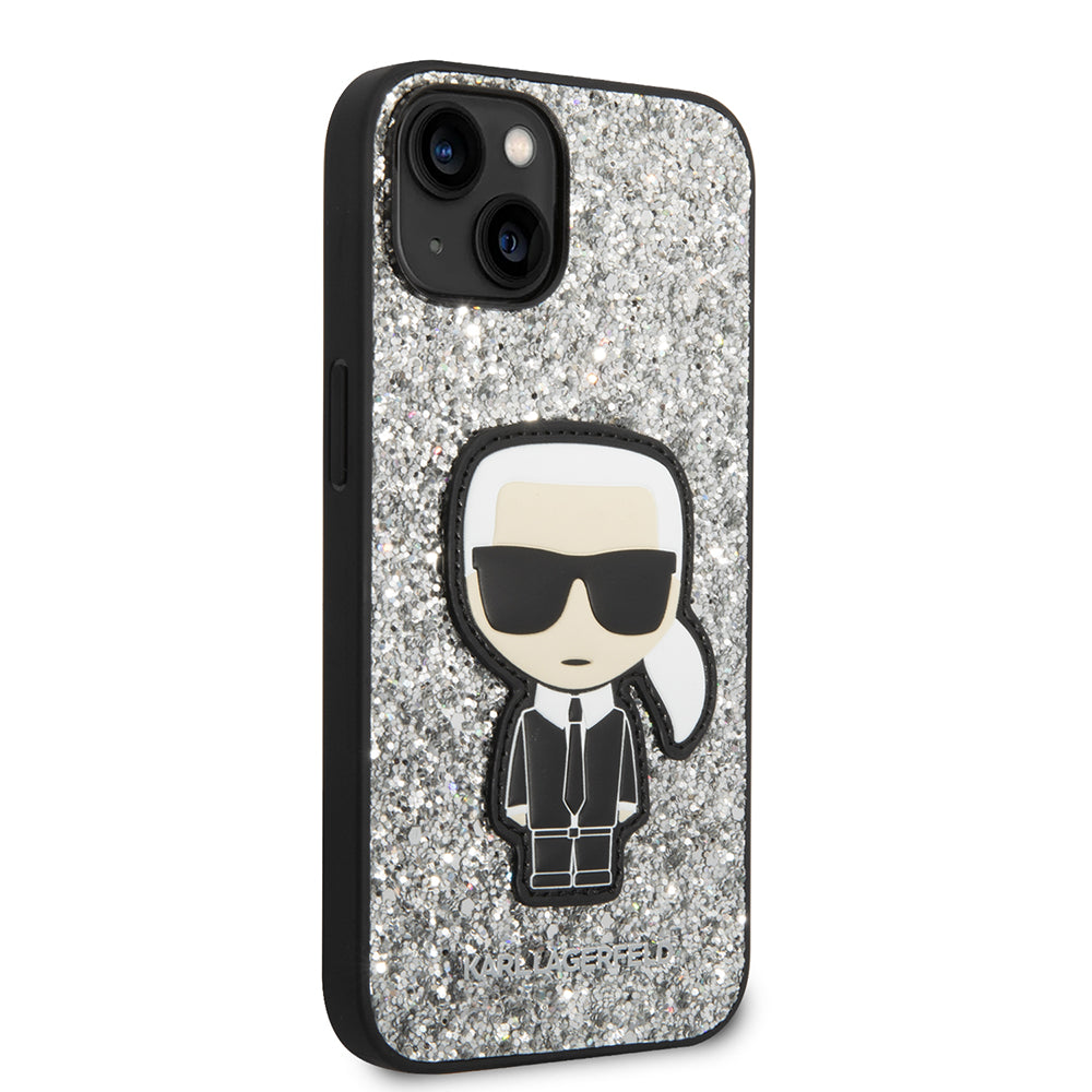 Etui na Apple iPhone 14, Karl Lagerfeld, Glitter Flakes Ikonik Karl, Srebrne.