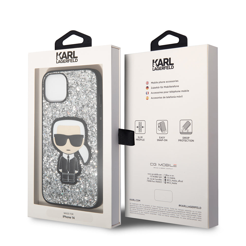 Etui na Apple iPhone 14, Karl Lagerfeld, Glitter Flakes Ikonik Karl, Srebrne.