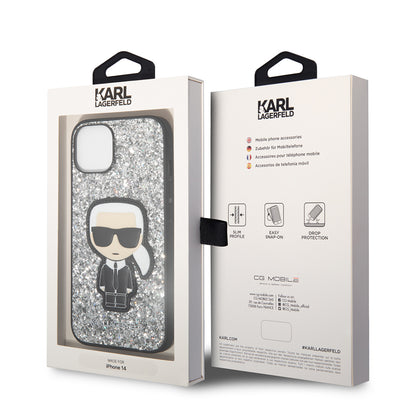 Etui na Apple iPhone 14, Karl Lagerfeld, Glitter Flakes Ikonik Karl, Srebrne.