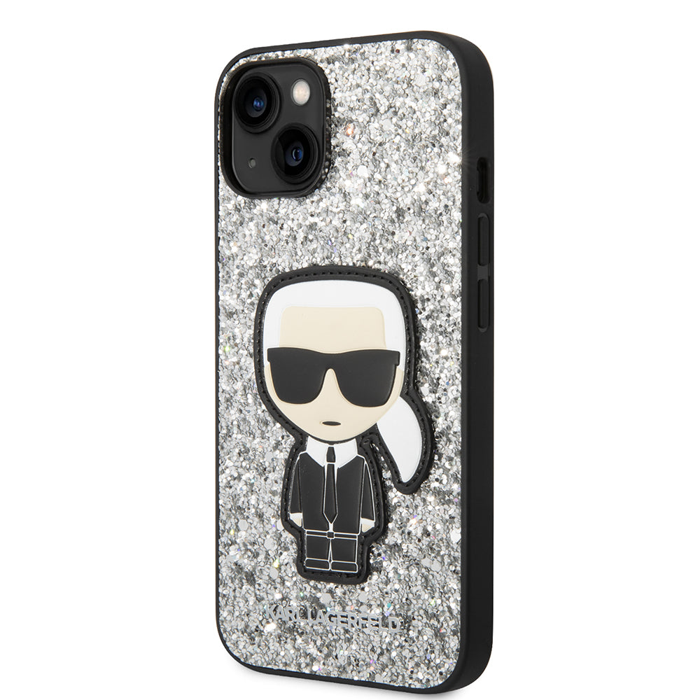Etui na Apple iPhone 14, Karl Lagerfeld, Glitter Flakes Ikonik Karl, Srebrne.
