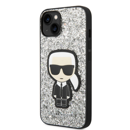 Etui na Apple iPhone 14, Karl Lagerfeld, Glitter Flakes Ikonik Karl, Srebrne.