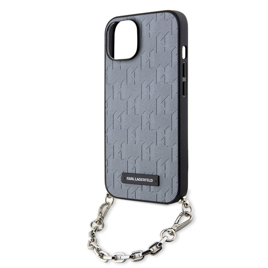 Etui na Apple iPhone 14, Karl Lagerfeld, Saffiano Monogram Chain, Srebrne