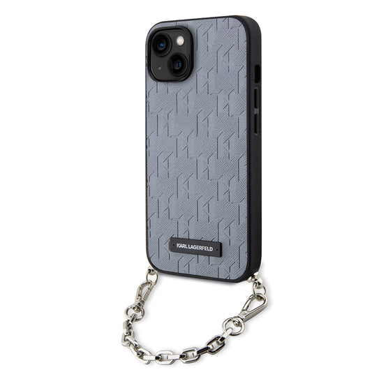 Etui na Apple iPhone 14, Karl Lagerfeld, Saffiano Monogram Chain, Srebrne