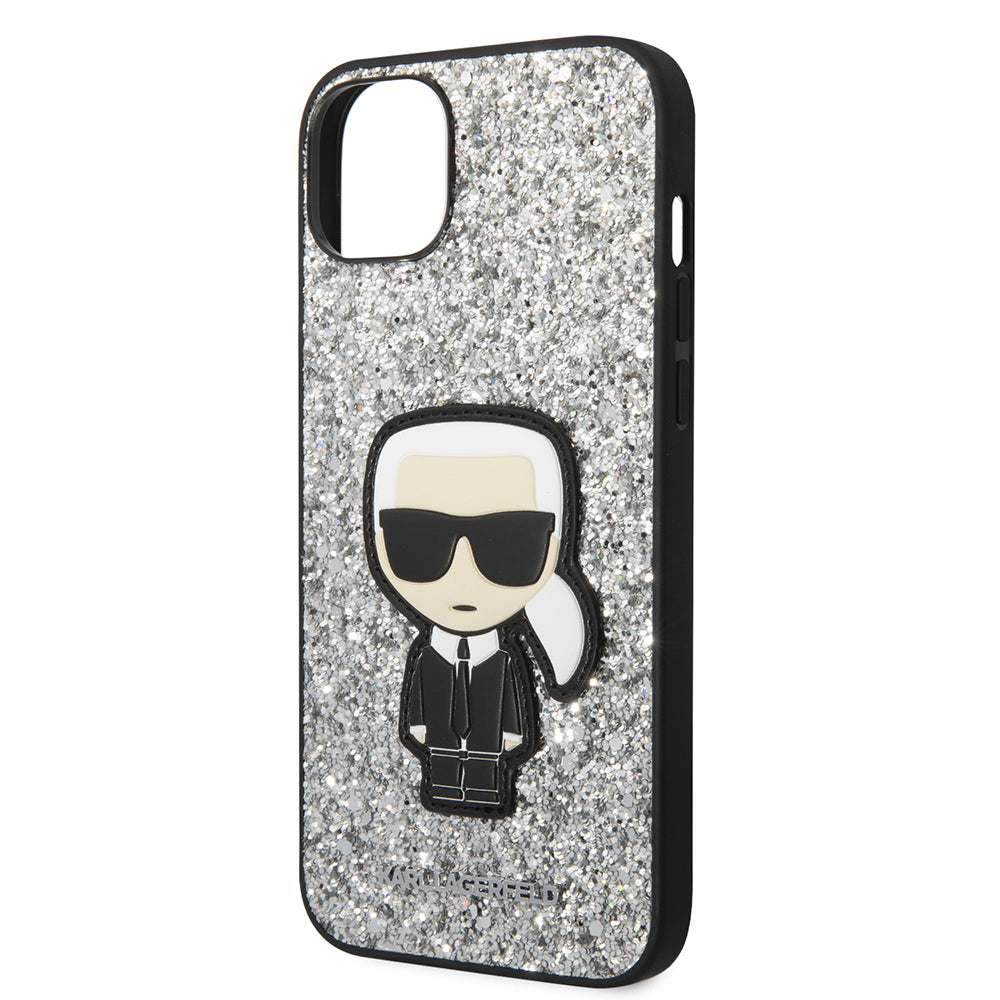 Etui na Apple iPhone 14 Plus, Karl Lagerfeld, Glitter Flakes Ikonik Karl, Srebrne.