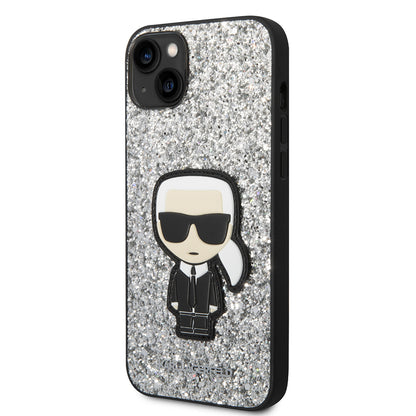Etui na Apple iPhone 14 Plus, Karl Lagerfeld, Glitter Flakes Ikonik Karl, Srebrne.