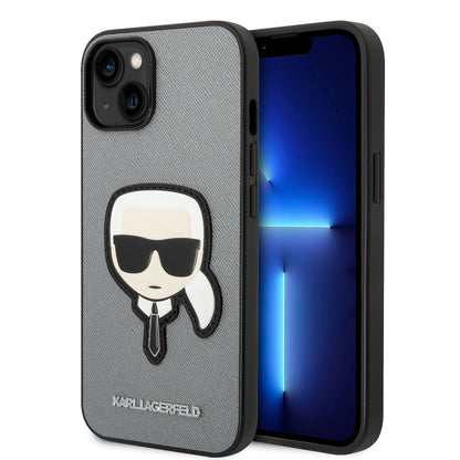 Etui na Apple iPhone 14 Plus, Karl Lagerfeld, Saffiano Karl's Head, Srebrne