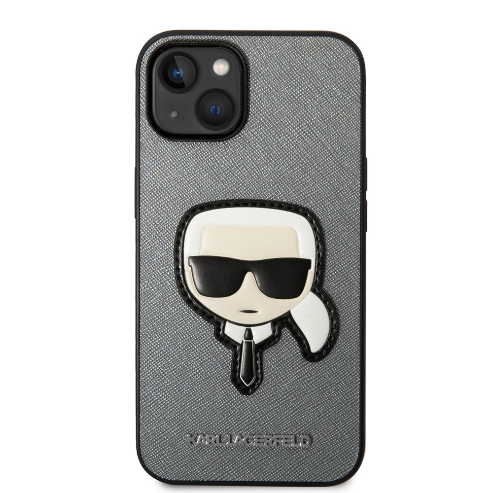Etui na Apple iPhone 14 Plus, Karl Lagerfeld, Saffiano Karl's Head, Srebrne
