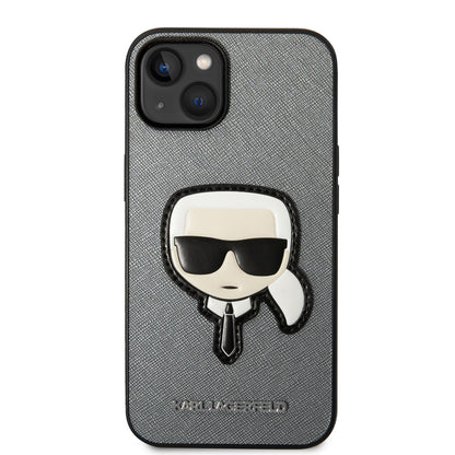 Etui na Apple iPhone 14 Plus, Karl Lagerfeld, Saffiano Karl's Head, Srebrne
