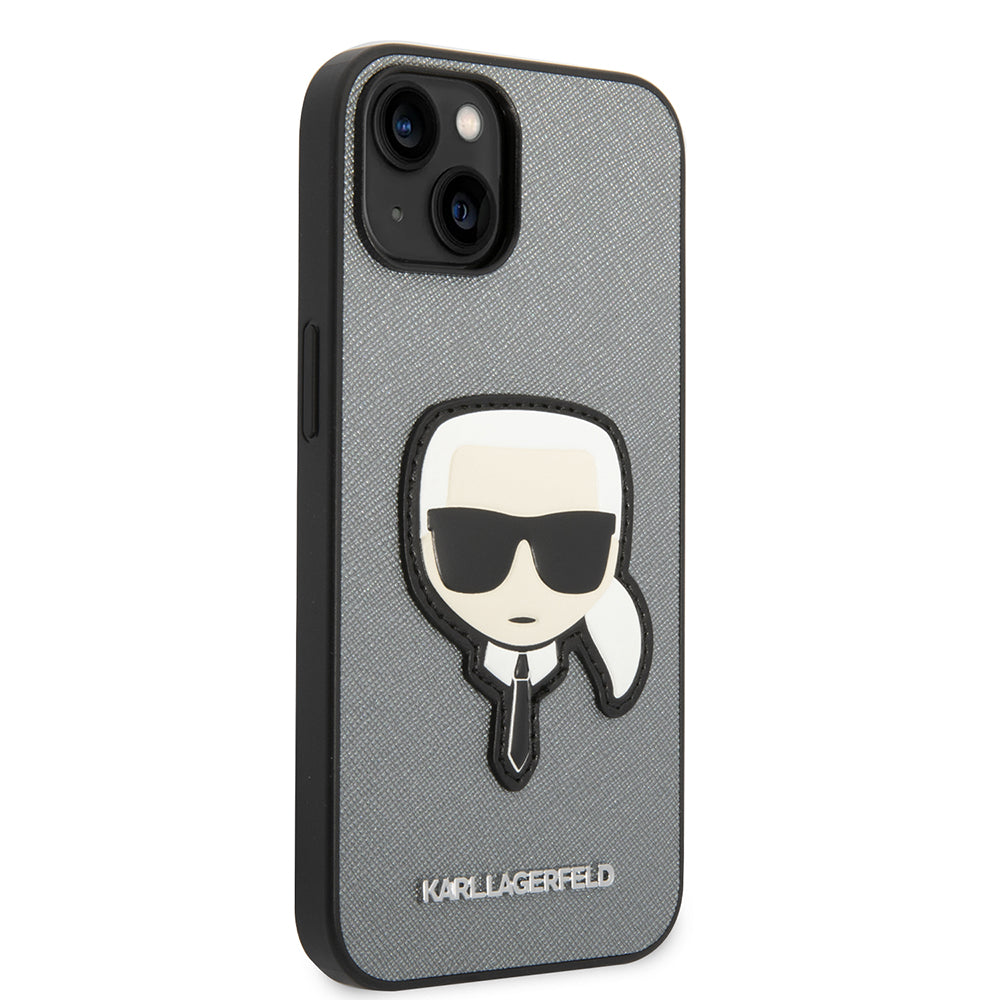 Etui na Apple iPhone 14 Plus, Karl Lagerfeld, Saffiano Karl's Head, Srebrne