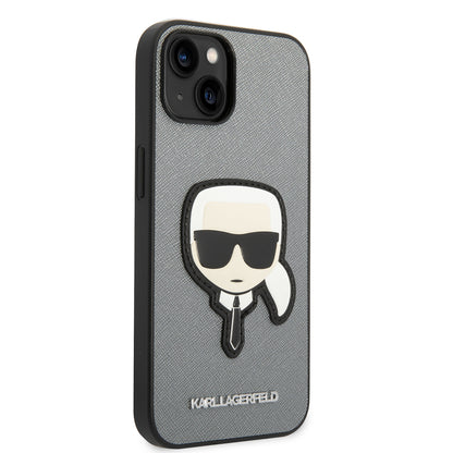 Etui na Apple iPhone 14 Plus, Karl Lagerfeld, Saffiano Karl's Head, Srebrne