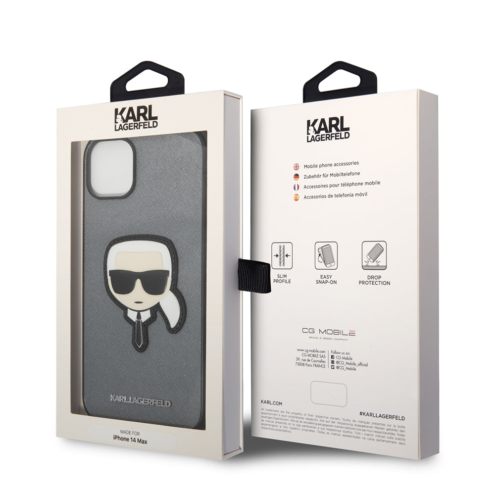 Etui na Apple iPhone 14 Plus, Karl Lagerfeld, Saffiano Karl's Head, Srebrne