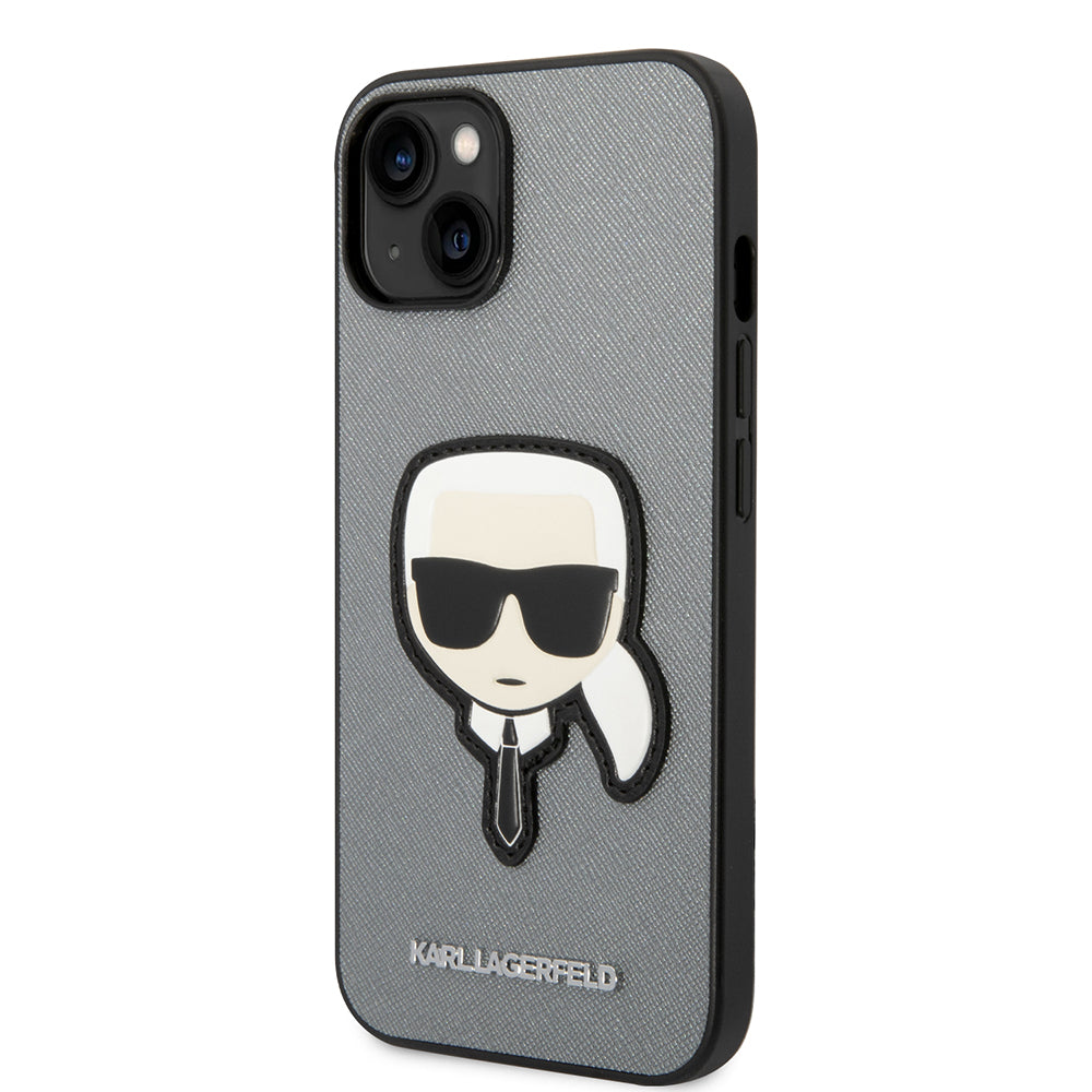 Etui na Apple iPhone 14 Plus, Karl Lagerfeld, Saffiano Karl's Head, Srebrne