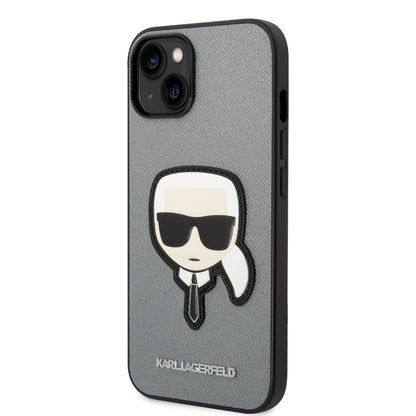 Etui na Apple iPhone 14 Plus, Karl Lagerfeld, Saffiano Karl's Head, Srebrne
